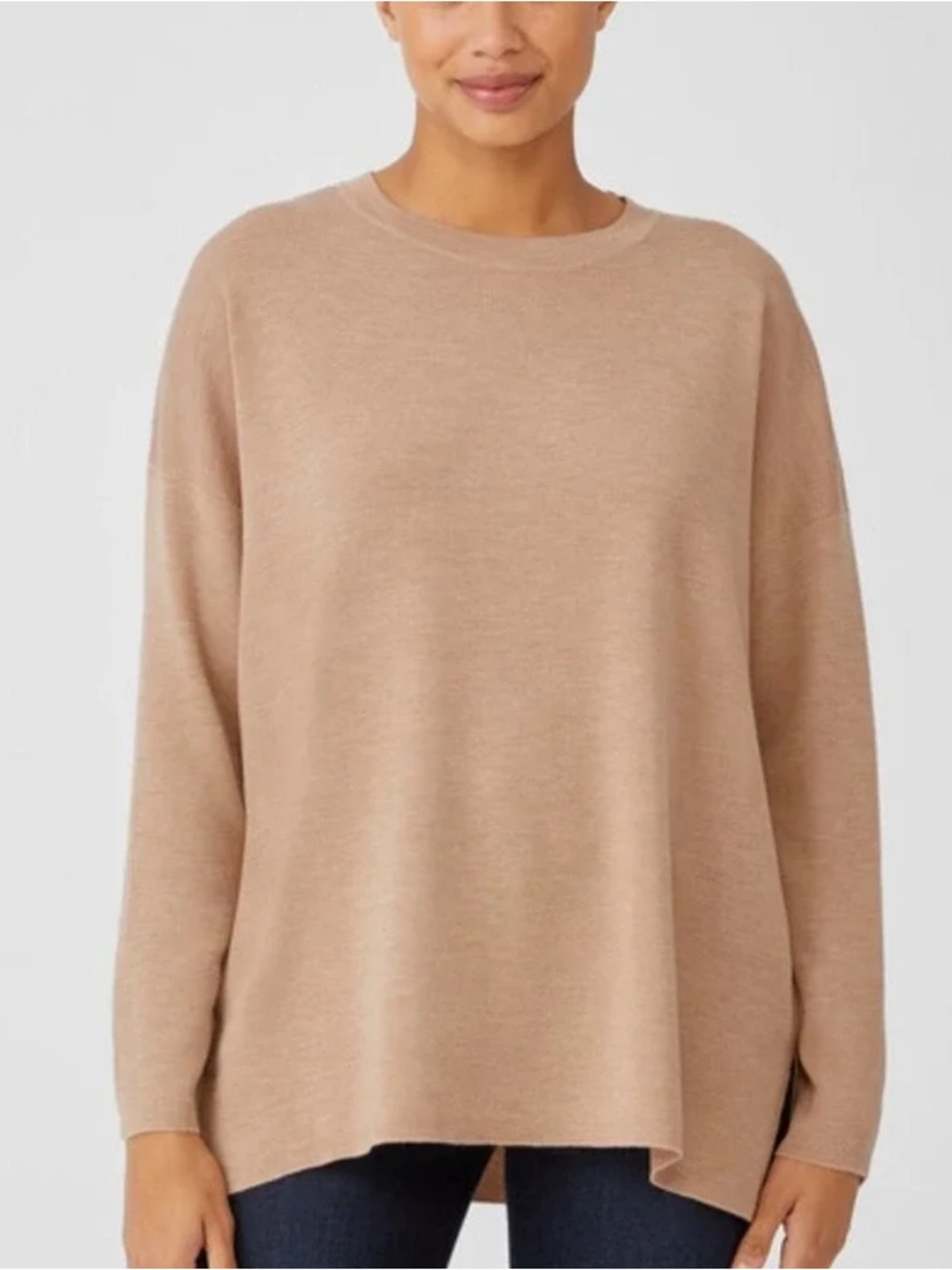 Eileen Fisher Wool Blend Crew Neck Boxy Pullover Tunic Sweater Blush Pink Medium